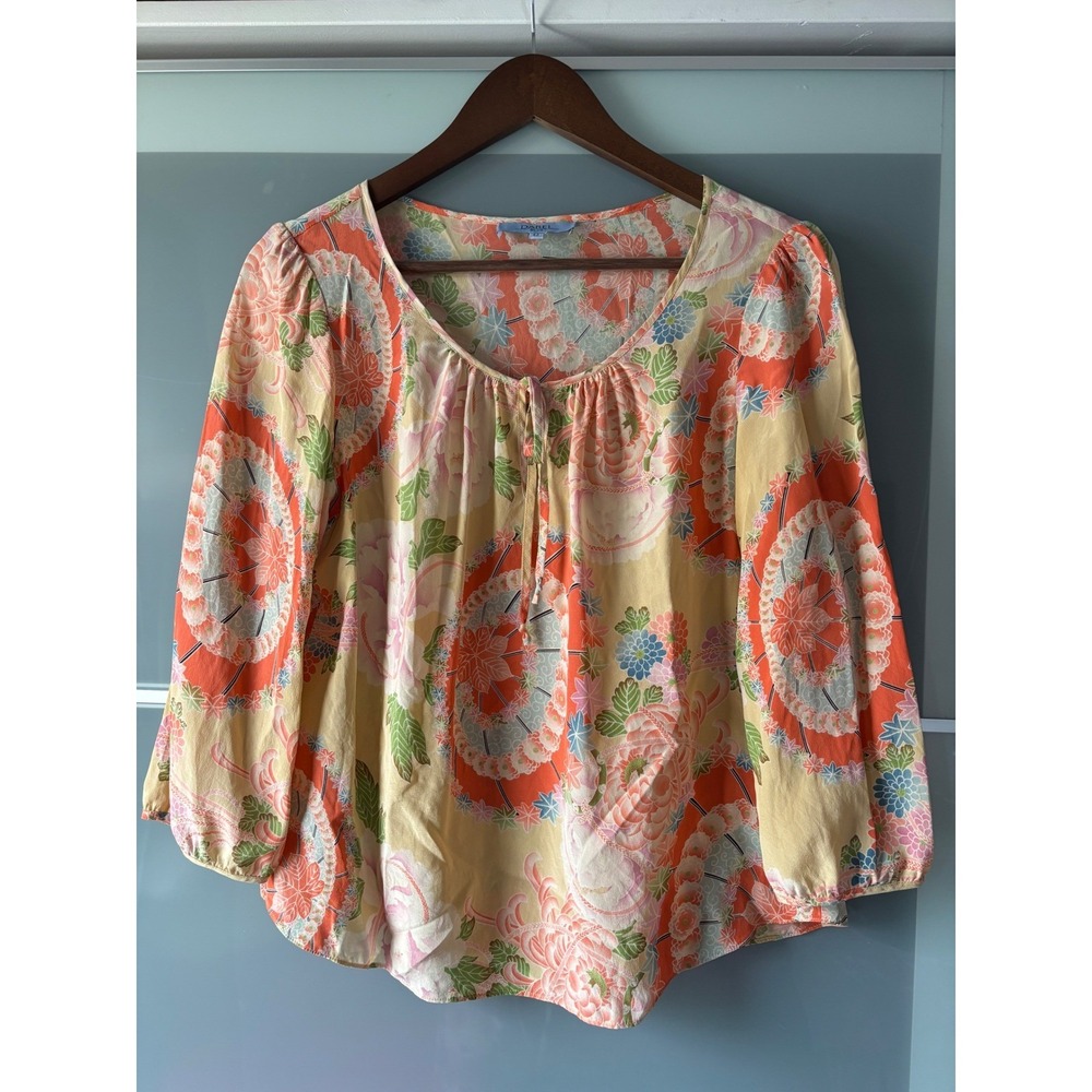 Darel Blue 100% Silk Floral Chinoiserie Blouse Orange French 42 Gerard Dainty